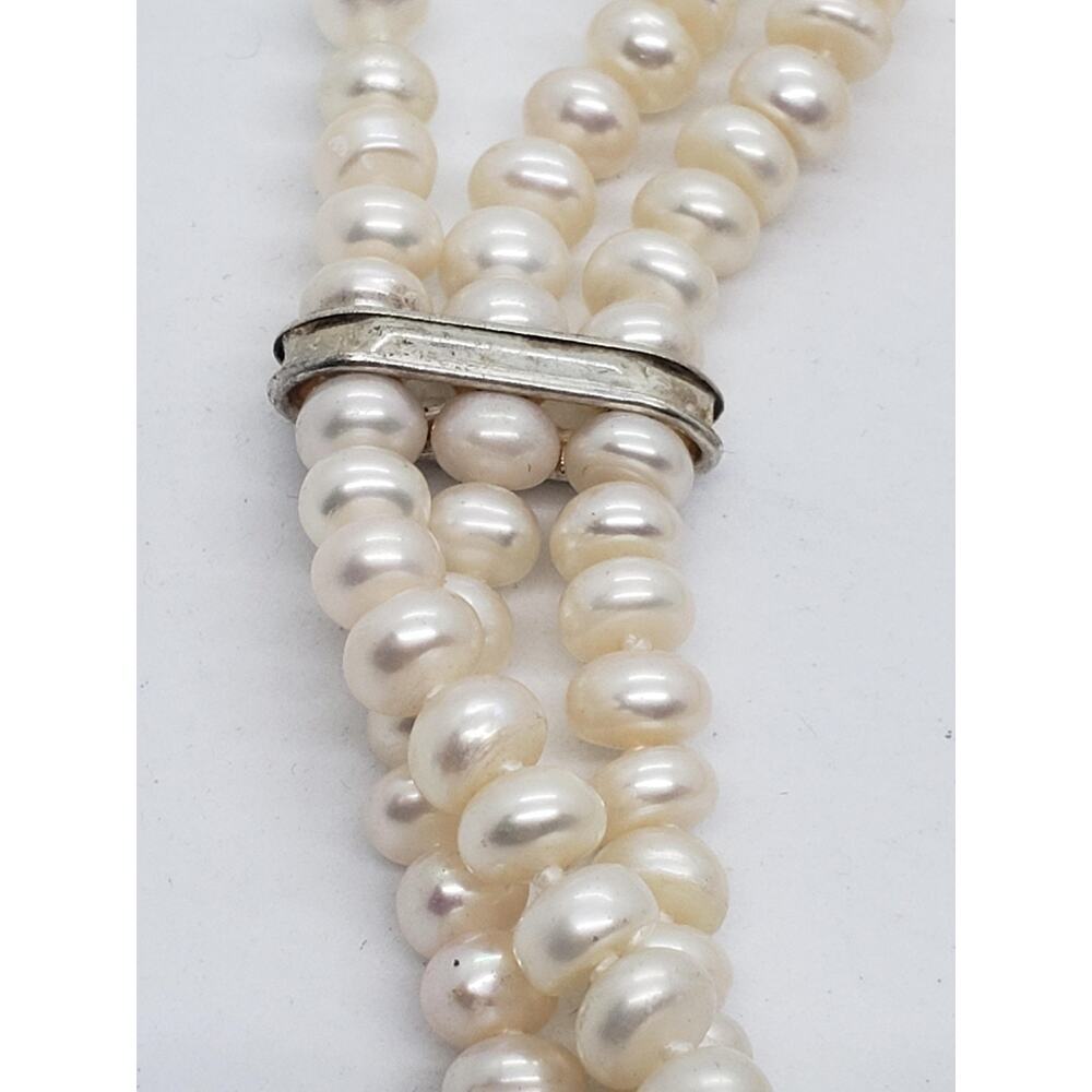 Freshwater Pearl Necklace 3 Strand White Rhinestone Spacers Silver Tone Layered - Picture 5 of 15